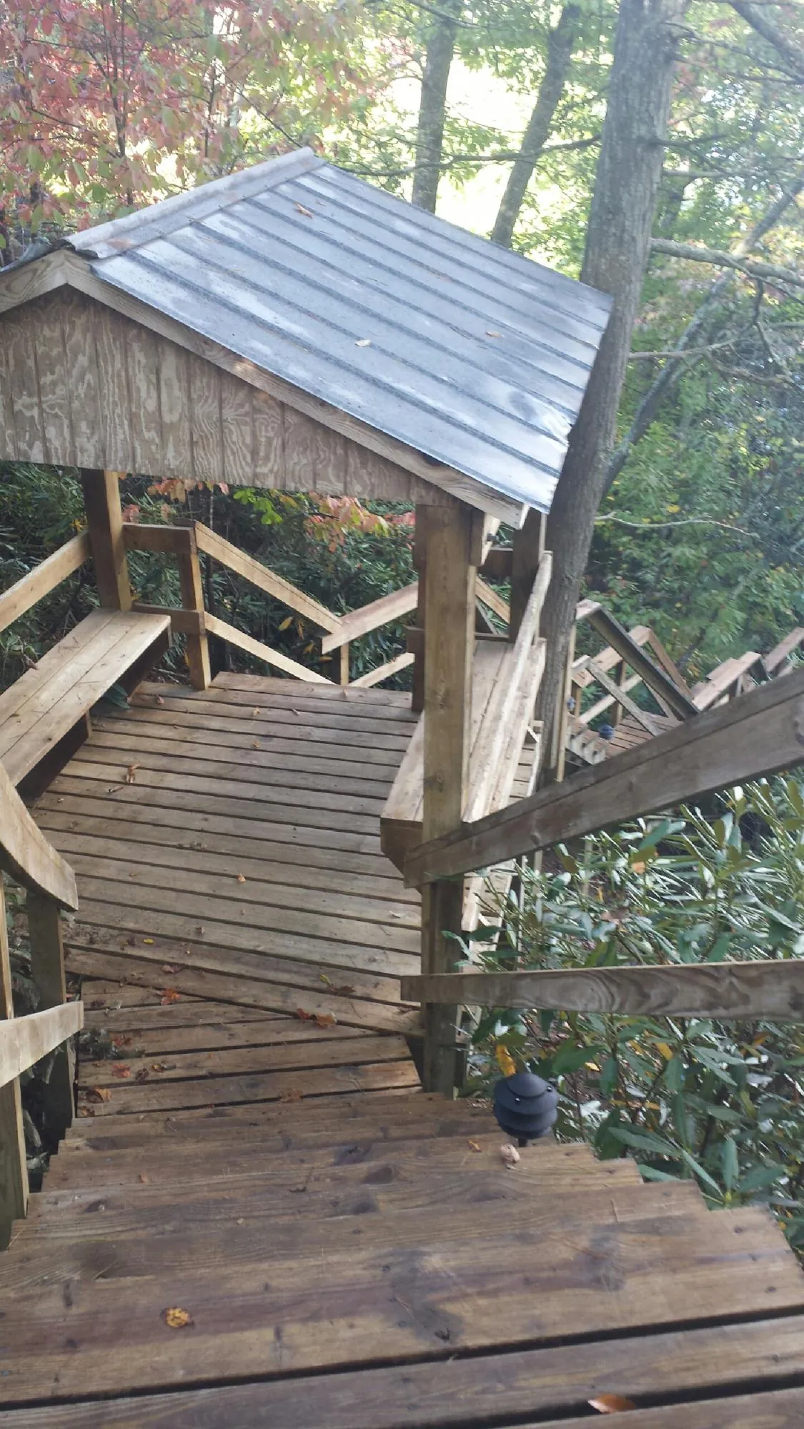 Metal roofed shelter over wooden steps on a wooded walkway — Skylight Repair & Installation work by our crew in Mullica Hill